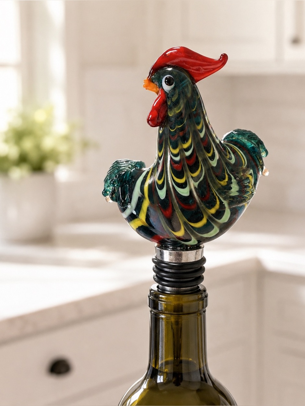 Hand Blown Art Glass Rooster Wine Bottle Stopper Multicolor Bar Decor